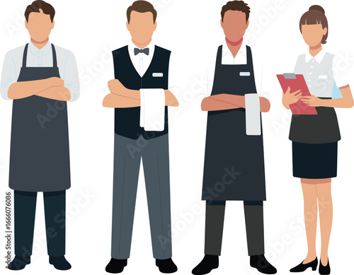 Restaurant staff vector illustration, waiters and hostess in uniform, service team, hospitality industry, professional food service characters