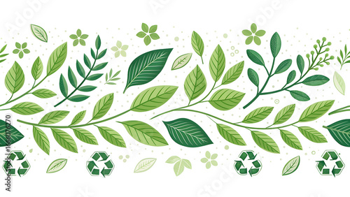Wallpaper Mural Seamless Border Design Featuring Lush Green Leaves Branches Flowers and Recycle Symbols on Black Background Eco Friendly Nature Theme Illustration Torontodigital.ca