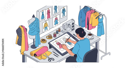 Fashion Designer at Work with Sketches, Fabrics, and Apparel