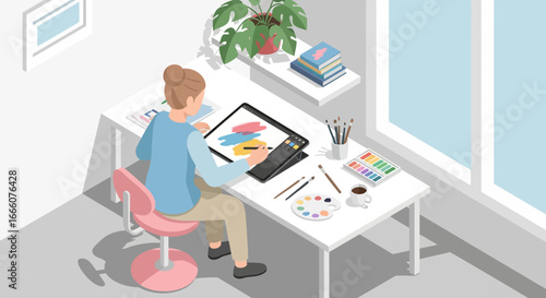 Female digital artist with a bun hairstyle drawing colorful art on a tablet at her desk.