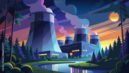 Night view of nuclear plant, cooling towers illuminated, radiant contrast against darkness, industrial strength glows, mysterious energy whispers eternity, technological power framed by silence, timel