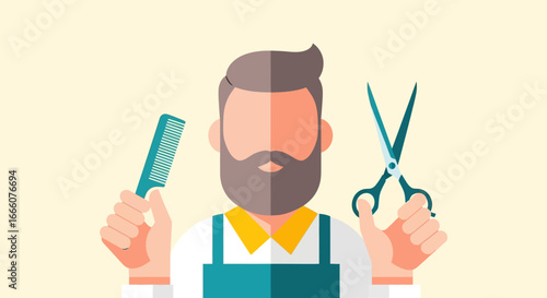 Flat Design Barber with Comb and Scissors