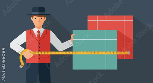 Flat design illustration of a man in a hat and red vest measuring two rectangular blocks with a yellow tape.