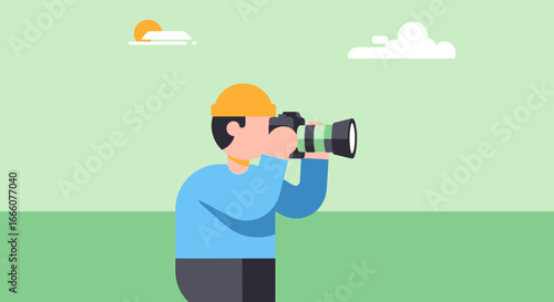 Flat Illustration of a Person in a Yellow Hard Hat Holding a Camera