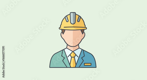 Flat vector illustration of a male engineer or construction worker in yellow hard hat and suit.