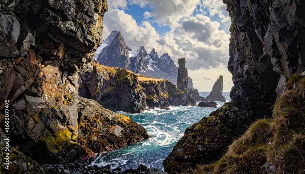 Obraz premium Rocky Coastline with Sea Stacks and Mountains