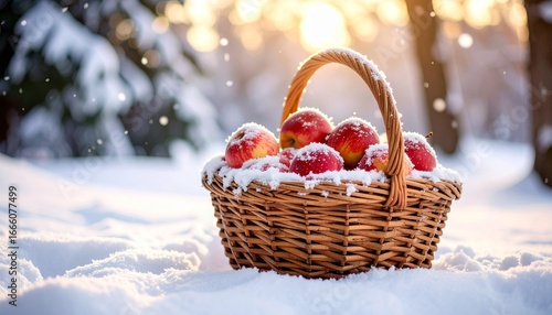Red apples in a basket resting on snow during a winter sunset