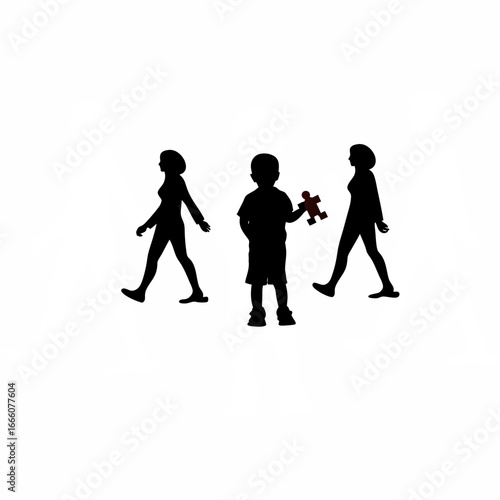 Silhouette of a boy with broken toy parents parting ways isolated on white background silhouette