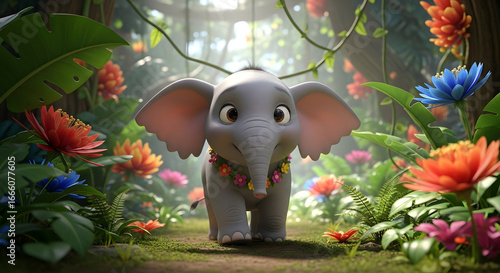 A charming cartoon elephant wanders through a vibrant jungle adorned with blooming flowers, exuding a sense of innocence and tranquility in a colorful paradise filled with lush greenery and