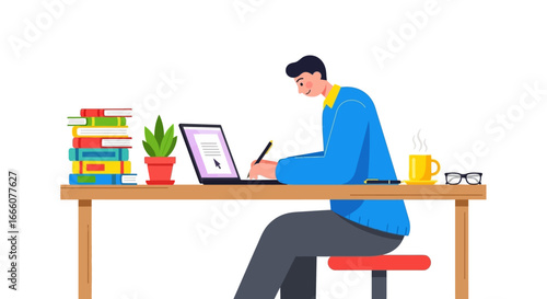 Focused Man Writing Notes on Laptop, Blue Sweater, Desk