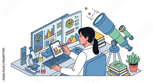 Focused Female Scientist Analyzing Data on Tablet, Wearing Lab Coat