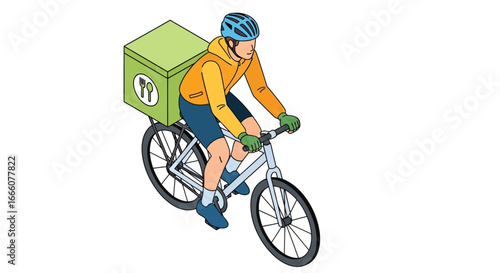 Food Delivery Cyclist with Green Box and Blue Helmet Illustration