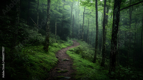A trail in the Great Smoky Mountains with ancient trees. A forest landscape background illustration.