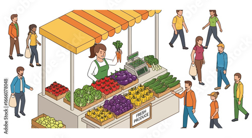 Fresh Produce Market Stall with Vegetables and Customers Illustration