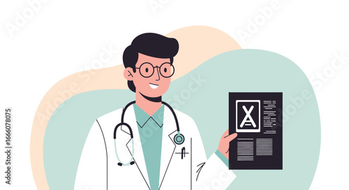 Friendly Cartoon Doctor Holding Medical X-ray Scan with Stethoscope