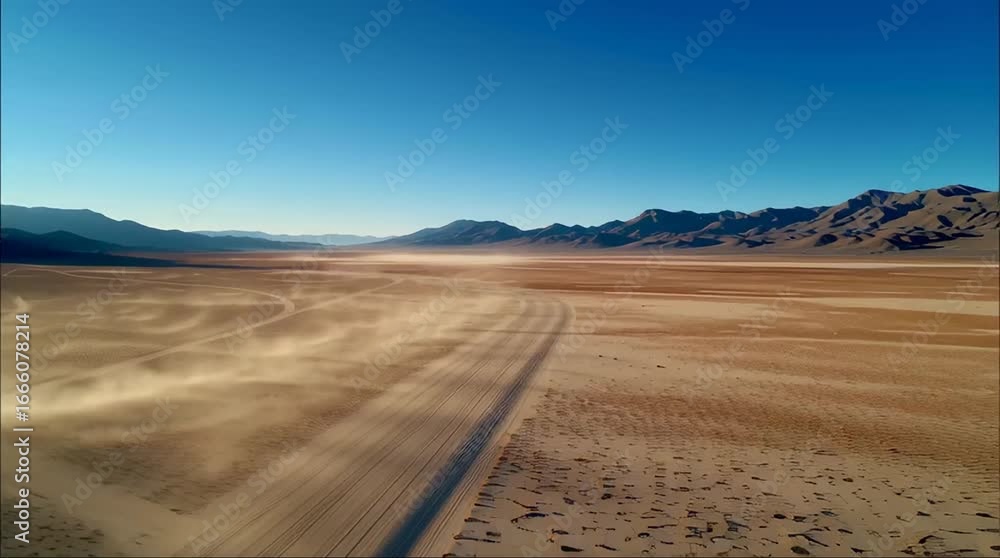 A vast desert landscape with mountains and dust swirling in the air. A vast desert landscape with mountains and dust swirling in the air.