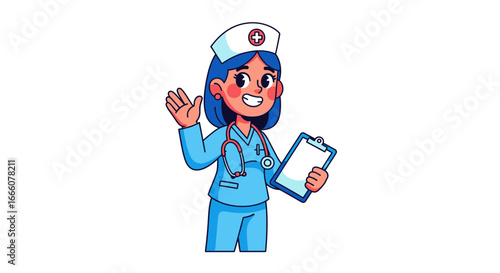 Friendly cartoon nurse in blue scrubs waving, holding clipboard, wearing stethoscope and cap with red cross.