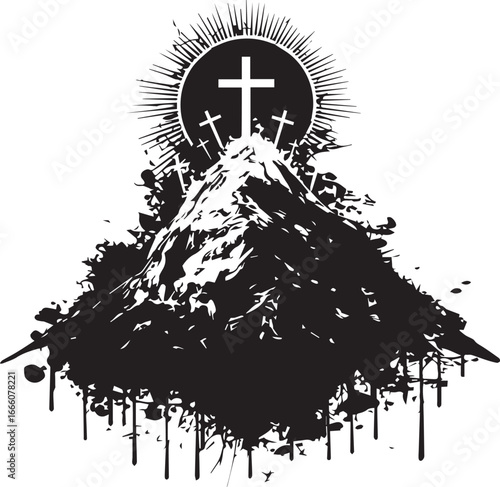 Symbolic Christian imagery: A black and white artistic representation of three crosses atop a mountain, surrounded by a sunburst, symbolizing faith, hope, and redemption.