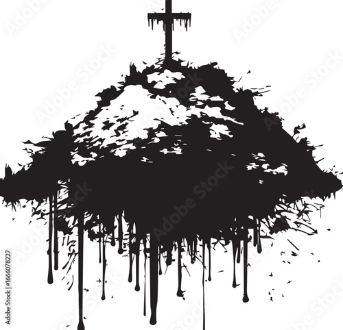 Cross Silhouette: A stark, silhouetted cross stands prominently atop a stylized hill, a powerful image of faith, spirituality, and devotion, with dripping ink-like elements. 
