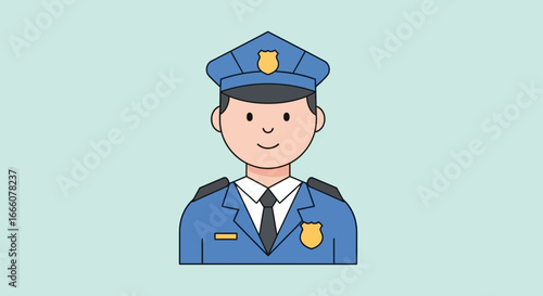 Friendly cartoon police officer illustration with a smiling face, wearing a blue uniform, cap, and badge.