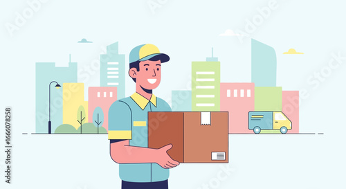 Friendly delivery man in a blue and yellow uniform and cap, smiling while holding a cardboard parcel.