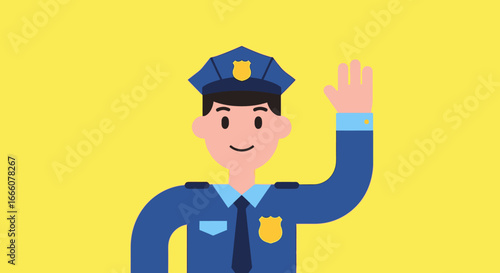 Friendly cartoon police officer waving hello with a smile