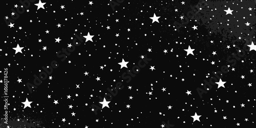 Black and white star pattern background with grunge texture and scattered stars