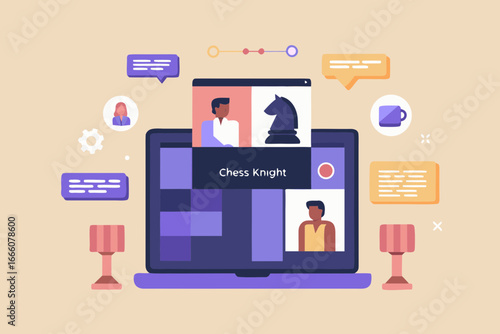 Online Chess Tournament Illustration with Laptop Chess Piece and People