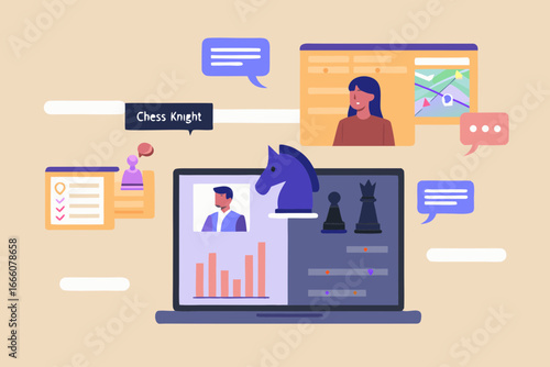 Strategic Business Planning with Chess Knight and Data Analysis on Laptop Screen