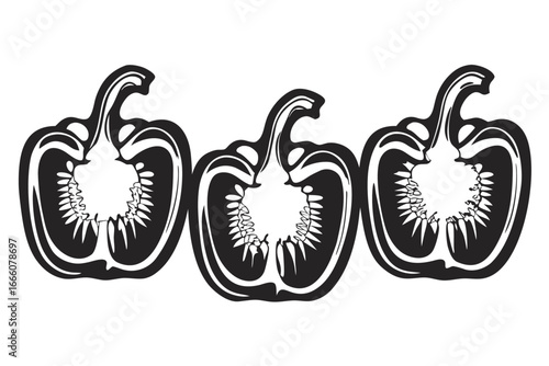 Halved Bell Pepper Silhouette, Vegetable Detail, Cut Pepper on White Background