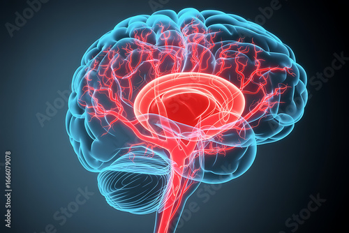professional 3d medical rendering of the thalamus and cerebral vasculature showing sensory relay pathways within the brain for neurology neuroscience and anatomy education