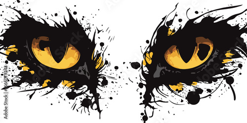 Enigmatic Gaze: Artistic illustration of cat eyes, with golden irises, piercing the void in a captivating splash effect. 