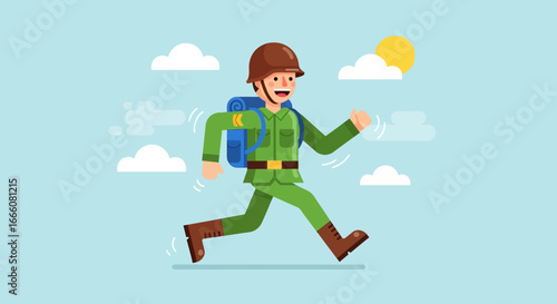 Happy cartoon soldier in green uniform, brown helmet, and blue backpack actively running