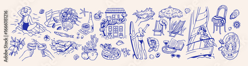 Dolce vita summer vacation set. Doodle style sketches, Mediterranean sea resort, beach, Italian food and wine, boat travel, lemon, cocktails. Holiday in Italy. Isolated hand-drawn vector illustrations