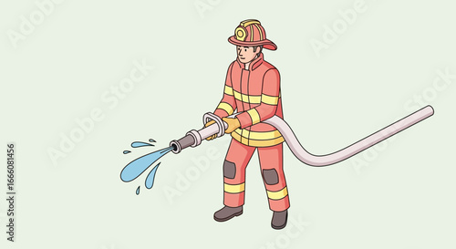 Illustrated male firefighter in protective red and yellow uniform, holding a hose spraying water.