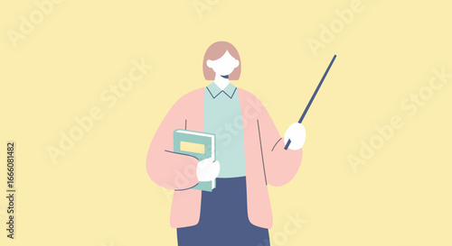 Illustrated Teacher Holding Book and Pointer in Pink Cardigan