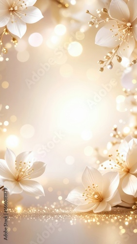 Delicate white flowers, beautifully framed with soft gold accents, creating an ethereal, dreamlike atmosphere