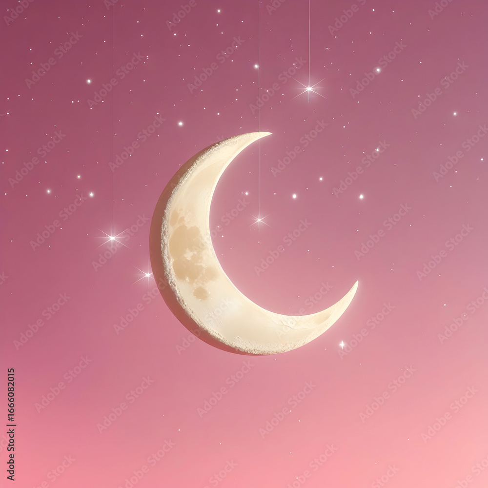 Fototapeta premium Pink sky background with crescent moon
