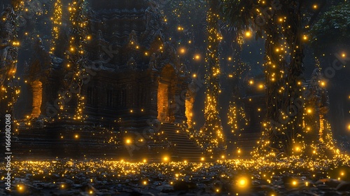 Ancient stone temple overgrown glowing vines hidden deep in a tropical jungle cinematic discovery of lost civilization
