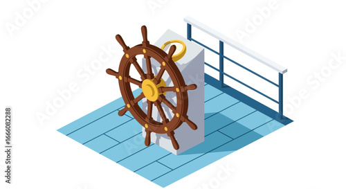 Isometric brown wooden ship's wheel with golden accents, compass, and multiple handles.
