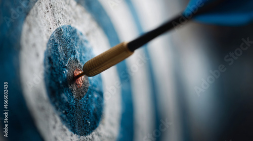 Focused arrow shot hits blue target bullseye, symbol of success and strategy