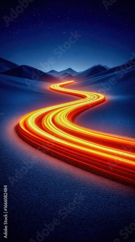 A mesmerizing night scene of a glowing road winding through a mountain landscape.