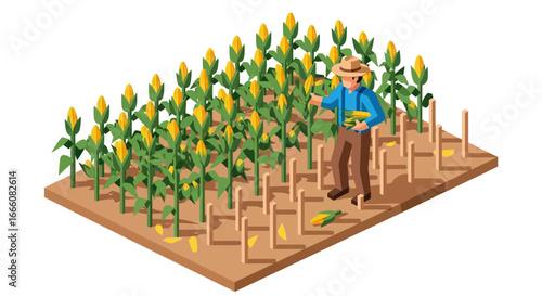 Isometric farmer harvesting ripe yellow corn in a green field, wearing a hat and blue shirt.
