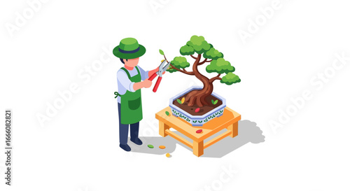 Isometric Gardener Pruning Bonsai Tree with Red Shears