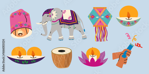 Happy Diwali festival elements set in cartoon flat style. Traditional Diya lamp, paper lanterns, candles, elephant, fireworks. Indian festive icon set for graphic templates