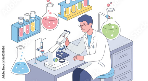 Isometric illustration of a male scientist in a lab coat using a microscope surrounded by colorful chemical flasks and test tubes.