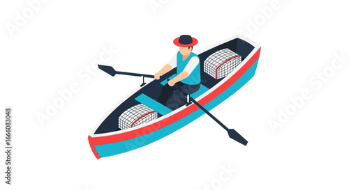 Isometric Illustration of a Man Rowing a Colorful Boat