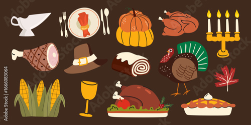 Happy Thanksgiving elements set in retro groovy cartoon style. Traditional roast turkey, pumpkins, pie, pilgrim hat, candles, corn, wine. Happy family autumn holiday. Harvest season stickers