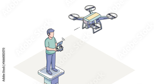 Isometric illustration of a person operating a flying quadcopter drone with a remote controller