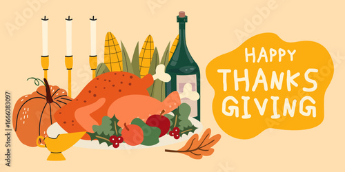Happy Thanksgiving day greeting card with roast turkey, corn, pumpkin, candle, wine bottle. Seasonal fall harvest background in cartoon flat style